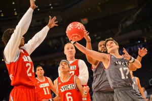 From left: Tamika Catchings, WNBA Player for the Indiana Fever (24); Edwin González of Puerto Rico (11); Felix Veloz of New York, USA (6); Chris Mullin, NBA Legend and Hall of Famer; Edgardo Dávila of Puerto Rico; Cedriek Beerten of Belgium (17). Twelve Special Olympics basketball players from around the world teamed up with current and former NBA and WNBA starts in the NBA Cares Unified Sports basketball game on Feb 14, 2015. The game was in Madison Square Garden in New York City.